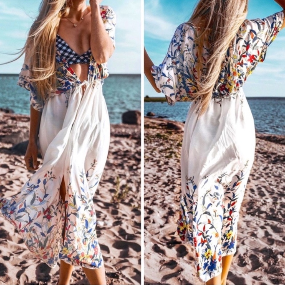 CAPSHE WOMEN KAFTANโ KIMONO FLORAL BEACH DRESS ROBE SWIMWEAR COVER